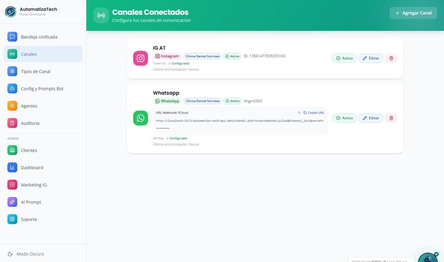 Panel de canales conectados: WhatsApp e Instagram activos en el portal AutomatizaTech